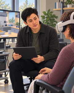 man holding tablet observing another person using VR headset