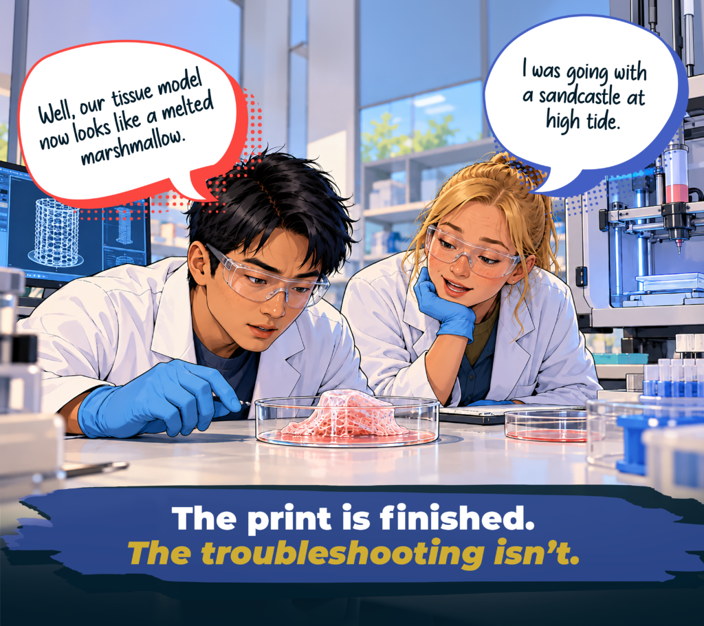Caption: The print is finished. The troubleshooting isn’t. Male technologist: Well, our tissue model now looks like a melted marshmallow. Female technologist: I was going with a sandcastle at high tide.
