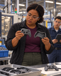 woman examining broken game control pieces