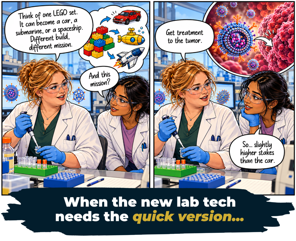 Speech Bubbles Nano Medic: “Think of one LEGO set. It can become a car, a submarine, or a spaceship. Different build, different mission.” Younger colleague: “And this mission?” Nano Medic: “Get treatment to the tumor.” Younger colleague: “So… slightly higher stakes than the car.” Caption When the new lab tech needs the quick version…