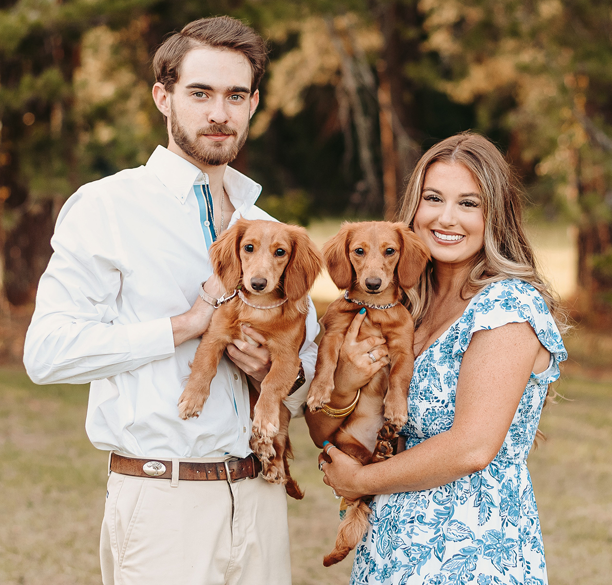 Ansley Harrell with her fiancé, Collin, and their long-haired miniature dachshunds, Millie Scout and Marley Grace