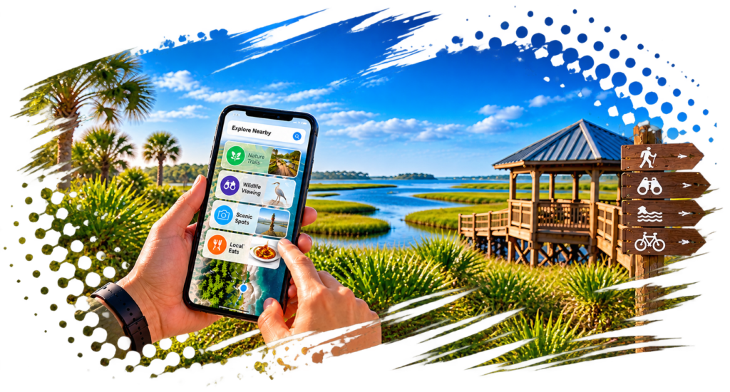 hands holding cell phone in front of marsh