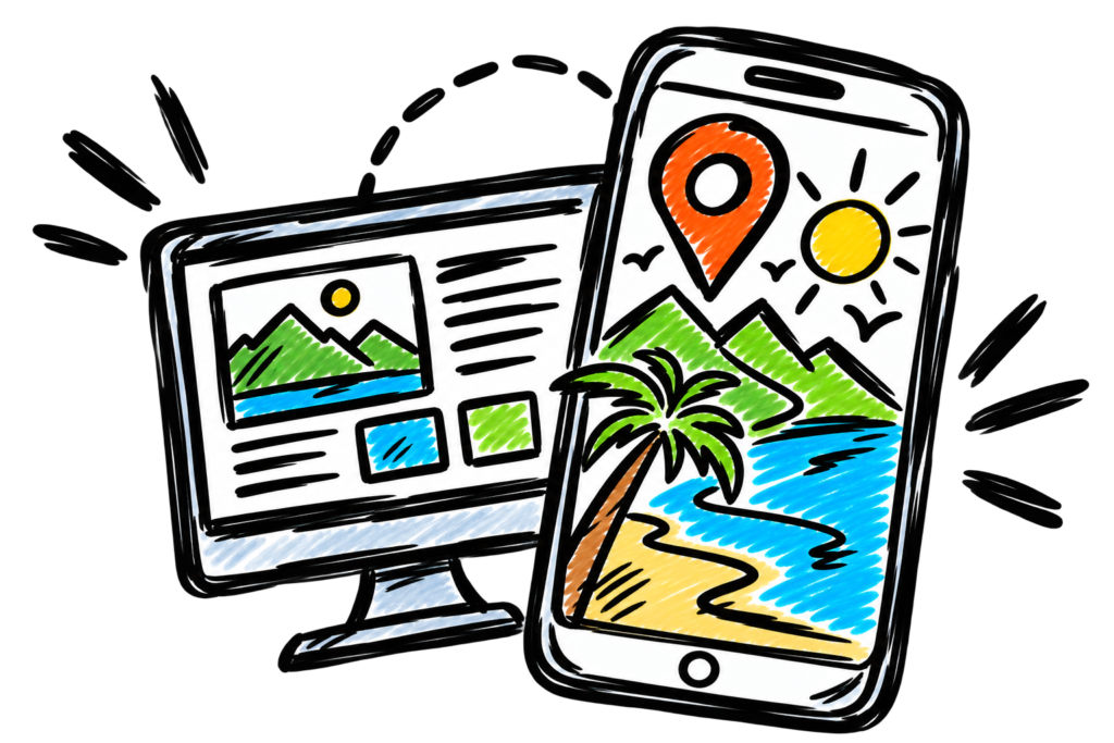 map pin on mountains and beach on cell phone