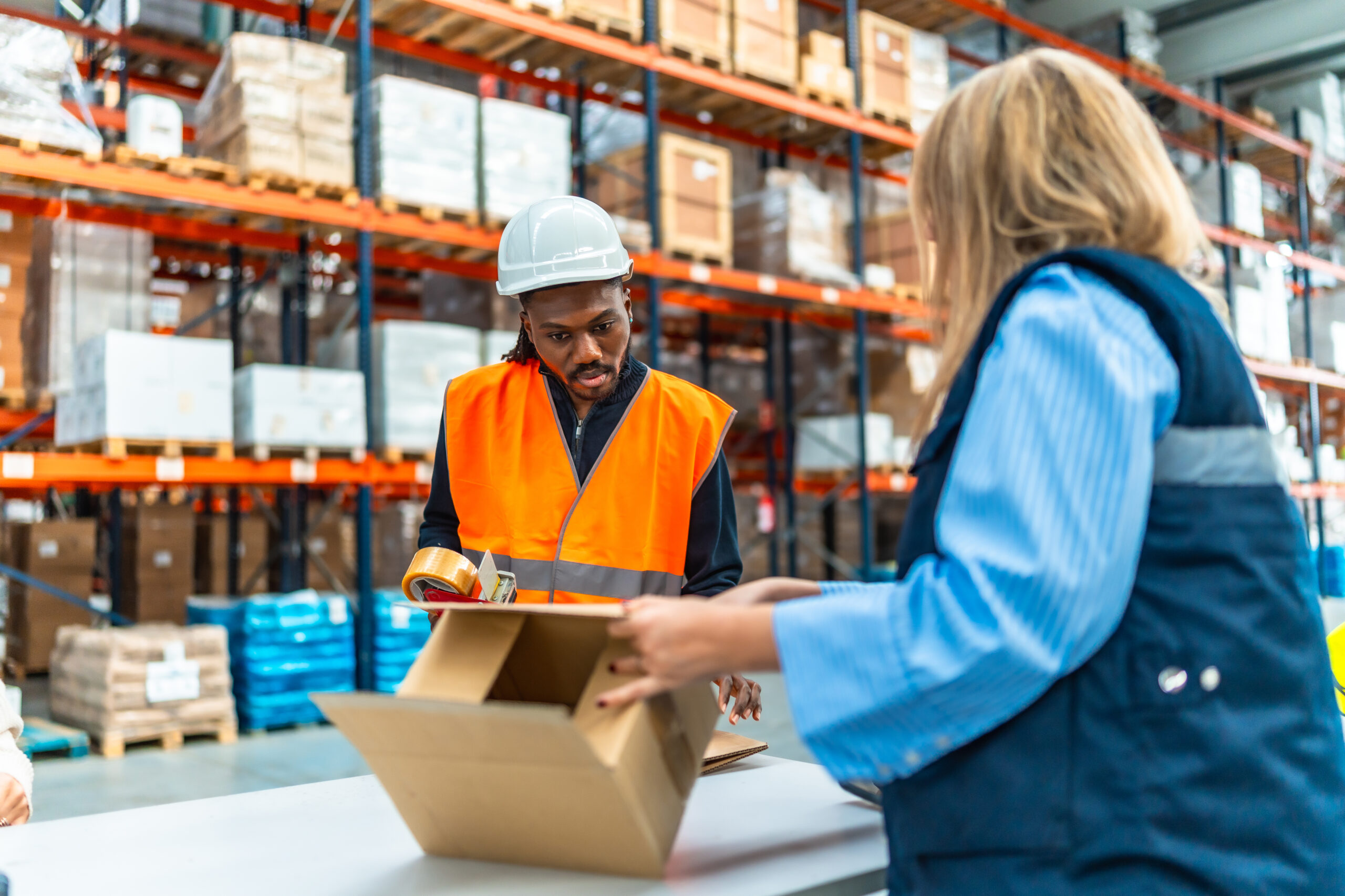 two employees in shipping warehouse